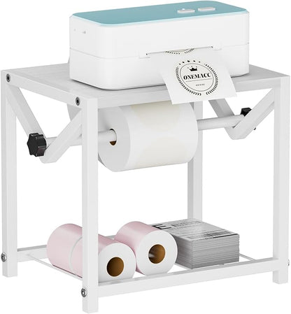 Label Holder for Rolls and Fanfold Labels, Wooden & Metal Thermal Sticker Label Printer Holder for Desktop, Sticker Roll Holder for Home Office Small Business Essentials, White