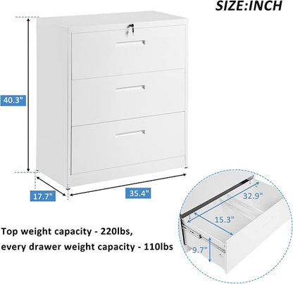 Lateral File Cabinet, 3 Drawers Metal Lockable Filing Cabinet for Commercial Grade Office Legal and Letter File (White)