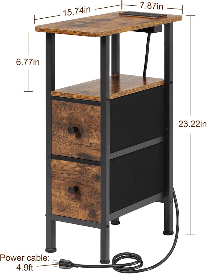 LOAKEKEL Narrow Nightstand with Charging Station, End Tables Living Room Set of 2, Skinny Side Table with Fabric Drawers, Slim Sofa Table for Bedroom, Small Spaces, Couch, Brown, HETNDP02BR