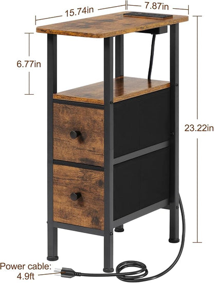 LOAKEKEL Narrow Nightstand with Charging Station, End Tables Living Room Set of 2, Skinny Side Table with Fabric Drawers, Slim Sofa Table for Bedroom, Small Spaces, Couch, Brown, HETNDP02BR