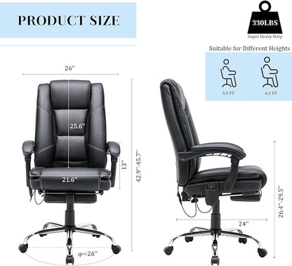 HOMREST Executive Office Chair, Black | Heat and Massage, High-Back PU Leather, Ergonomic with Retractable Footrest, Link Armrests, Reclining Computer Chair