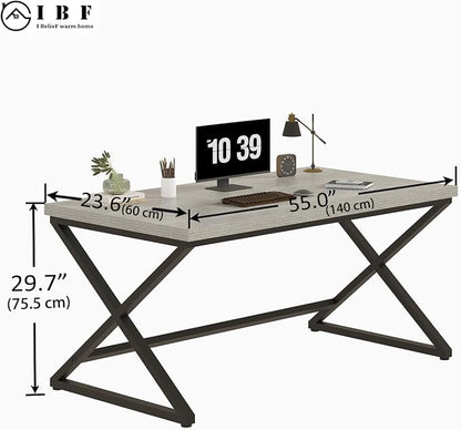 IBF Gray Computer Desk, Modern Writing Study Desk for Home Office, Industrial Wooden Metal Executive Work Desk, Simple Pc Gaming Laptop Workstation Computer Table in Bedroom, Light Grey Oak, 55 Inch