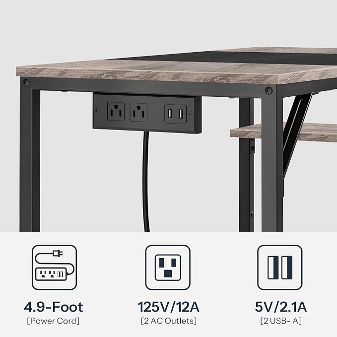 HOOBRO Small Computer Desk, Home Office Desk with Power Outlet, Writing Desk with 2 Shelves, Modern Small Desk for Home Office, Study, Easy to Assemble, Charcoal Gray and Black BG43UDN01
