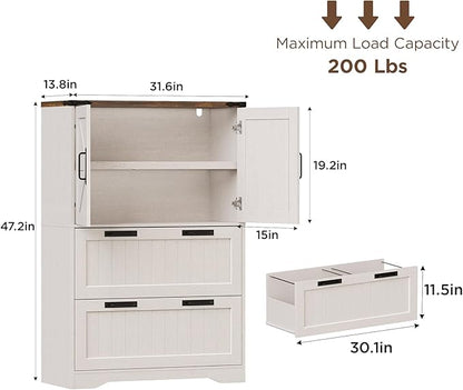 Halitaa 2 Drawer Filing Cabinet, Farmhouse File Cabinet for Home Office with Storage Space, Wood Tall Office Filing Cabinet fits Legal/Letter/A4 Size, Lateral File Cabinets with 2 Doors, Rustic White