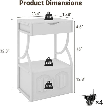 Natwind 3 -Tier Rolling Printer Stand with Filing Cabinet,23.6"x15.8",White | Printer Table with Open Shelf and Drawer,Heavy-duty Home Office Storage on Lockable Wheels for 3d Printer,Scanner and Files