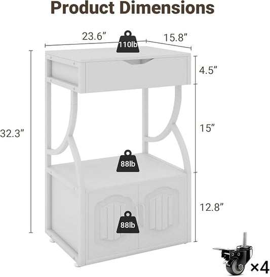 Natwind 3 -Tier Rolling Printer Stand with Filing Cabinet,23.6"x15.8",White | Printer Table with Open Shelf and Drawer,Heavy-duty Home Office Storage on Lockable Wheels for 3d Printer,Scanner and Files