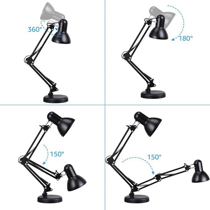 TORCHSTAR Metal Desk Lamp, Adjustable Swing Arm, E26, Black | Architect Gooseneck Multi-Joint Clip Table Lamp with Plastic Clamp, for Home Office, Work, Study, Reading, Bulbs not Included