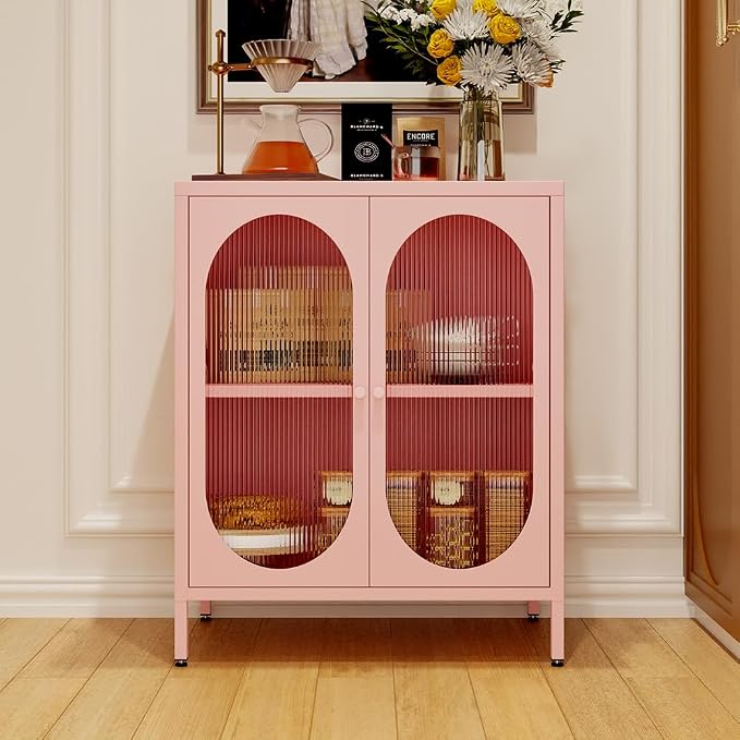 Small 2 Door Metal Storage Cabinet for Pantry,Office Room,Kitchen,Bathroom,Living Room, Hallway-Locker Cabinet with 1 Adjustable Shelf(Translucent Door, Pink)