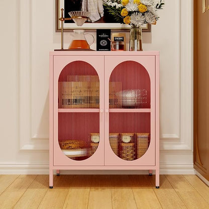 2 Translucent Door Metal Accent Storage Cabinet for Home, Living Room, Office Room,Kitchen-Metal Locker Cabinet with 1 Adjustable Shelves-2-Tier (Pink)