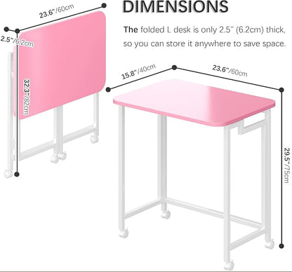 4NM 23.6" Mobile Small Rolling Computer Desk, Folding Laptop Cart Table with Wheels, Portable Office Desk for Small Space Couch Bed - Pink and White