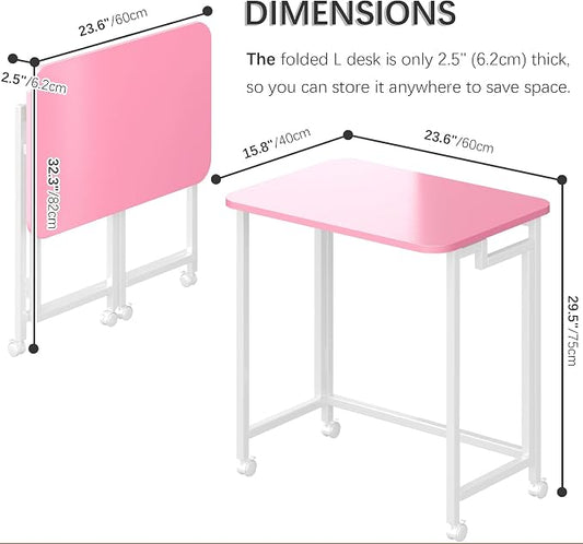 4NM 23.6" Mobile Small Rolling Computer Desk, Folding Laptop Cart Table with Wheels, Portable Office Desk for Small Space Couch Bed - Pink and White