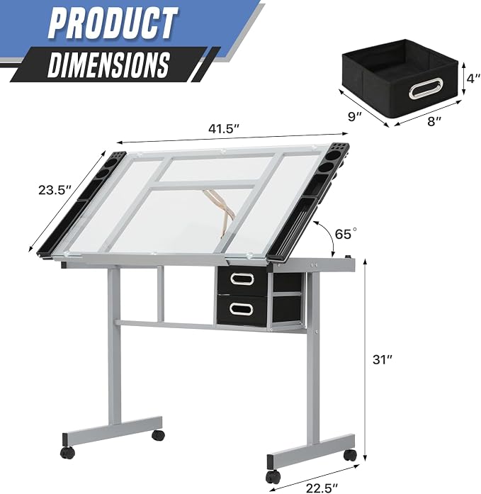 Drafting Table with Angle Adjustable Glass Top, Drawing Table with Storage Drawers,Casters, Art Desk Ideal for Drawing, Painting, Writing, Home Office, Clear Glass