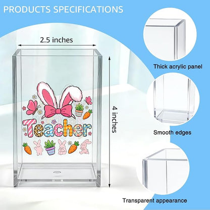 Teacher Acrylic Organizer Pencil Pen Holder, Easter Bunny Makeup Brush Storage Organizer, Easter Desk Accessories Holder for Women Coworker Teacher Educator Mentor Principal Bunny Lovers