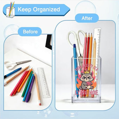Your Anxiety Is A Lying Hoe Acrylic Organizer Pencil Pen Holder, Funny Anxiety Makeup Brush Storage Organizer, Cute Raccoon Desk Accessories Holder for Coworker Teacher Student Daughter