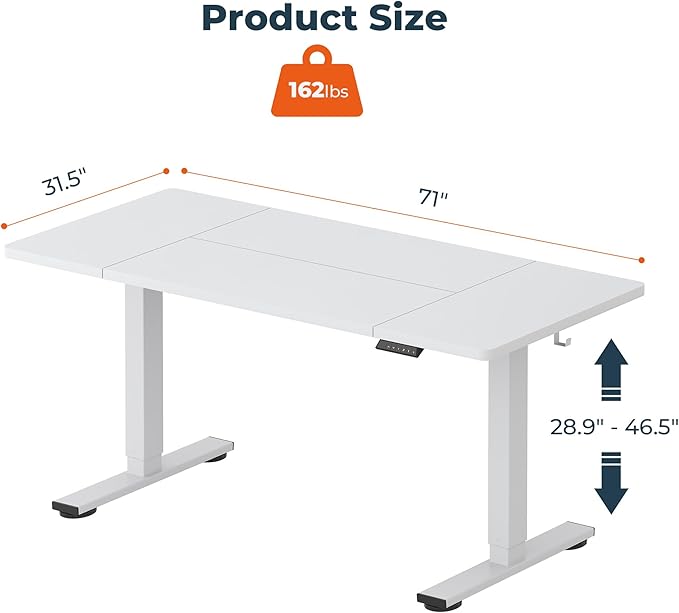 Standing Desk,Large 71x31 Inches Height Adjustable Stand Up Desks with Cable Management, Home Office Computer Desk 2 Box Packaging with Cup Holder & Memory Preset,White