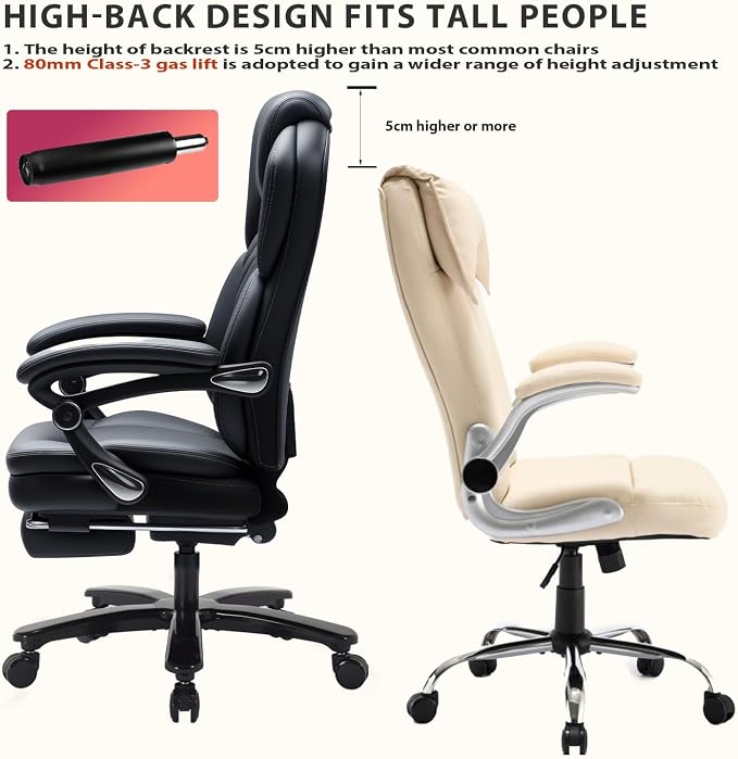 500lbs Reclining Office Desk Chair with Footrest, Managerial Executive Chair Lounge Chair for Office, Plus Size Black Leather Recliner Office Chairs