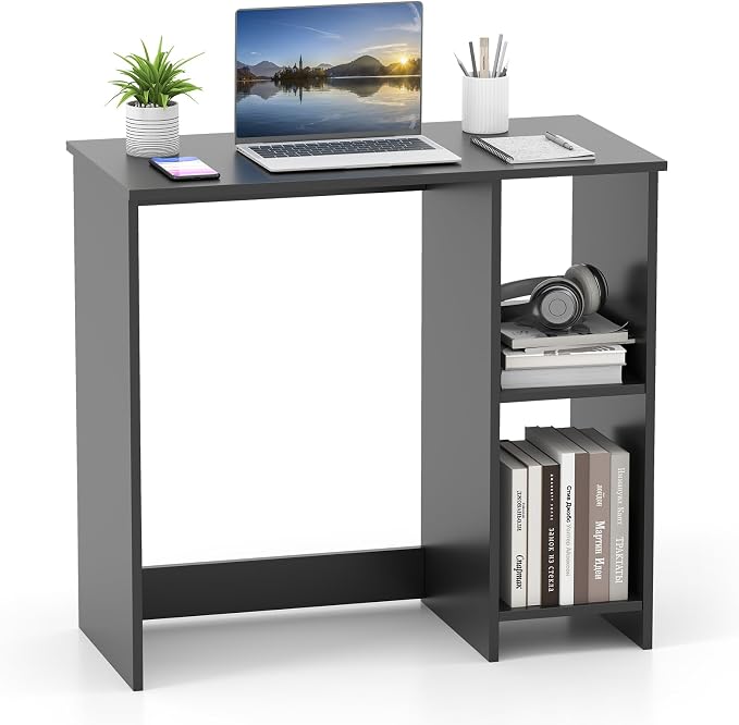 Giantex Small Desk with Storage, 31.5 Inch Home Office Computer Desk with Shelves, Space Saving Study Writing Desk, Modern Simple Laptop Desk for Small Spaces (Black)