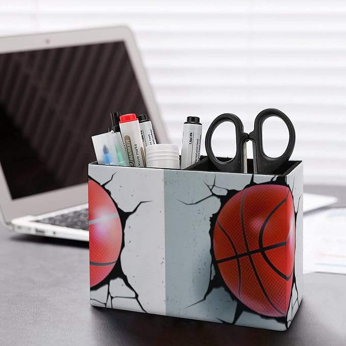 Niapessel Pencil Holder for Desk, Basketball Ball Pen Holder Storage Desktop Pen Organizer Desk Pencil Organizer Makeup Brush Holder for Office School College Leather