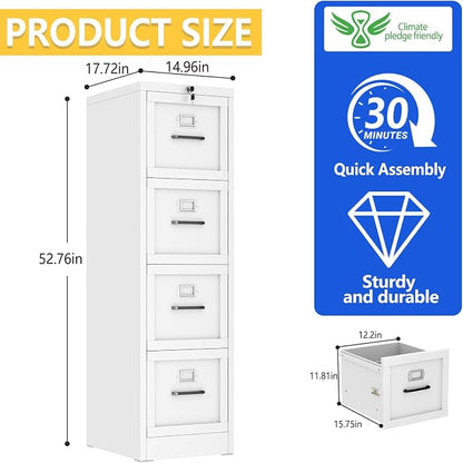 GAIOUS Metal Vertical File Cabinet with Lock, Home Office 4 Drawer Cabinet | 4 Drawer Filing Cabinet, Beside Desk File Cabinet, White Lockable Storage Cabinet, Fits Letter/Legal/A4 Size