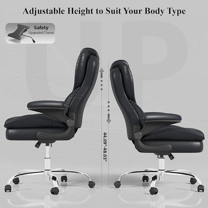 Office Desk Chair, Executive Leather Office Chair, High Back Ergonomic Home Desk Chair with Padded Flip-up Arms, Big and Tall Computer Chair with Rocking Function, 360°Swivel Free, Black