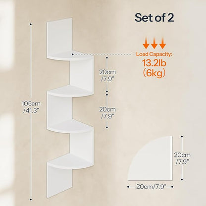 HOOBRO Corner Shelf Wall-Mounted, Set of 2 Floating Corner Shelves for Wall, 4-Tier Corner Bookshelves for Living Room, Bedroom, Bathroom, Home Office, White WT25BJP201