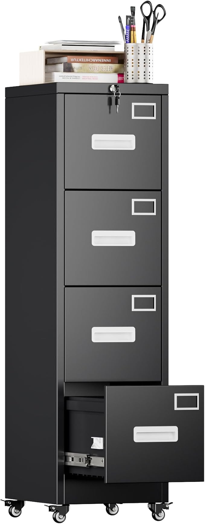 Aobabo 4 Drawer Metal File Cabinet with Lock and Wheels,Black | 15.7"D x 17.7"W x 53.2"H metal filing cabinet for letter/legal files and small office storage.