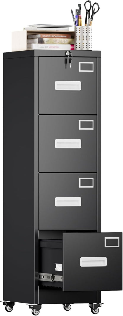 Aobabo 4 Drawer Metal File Cabinet with Lock and Wheels,Black | 15.7"D x 17.7"W x 53.2"H metal filing cabinet for letter/legal files and small office storage.