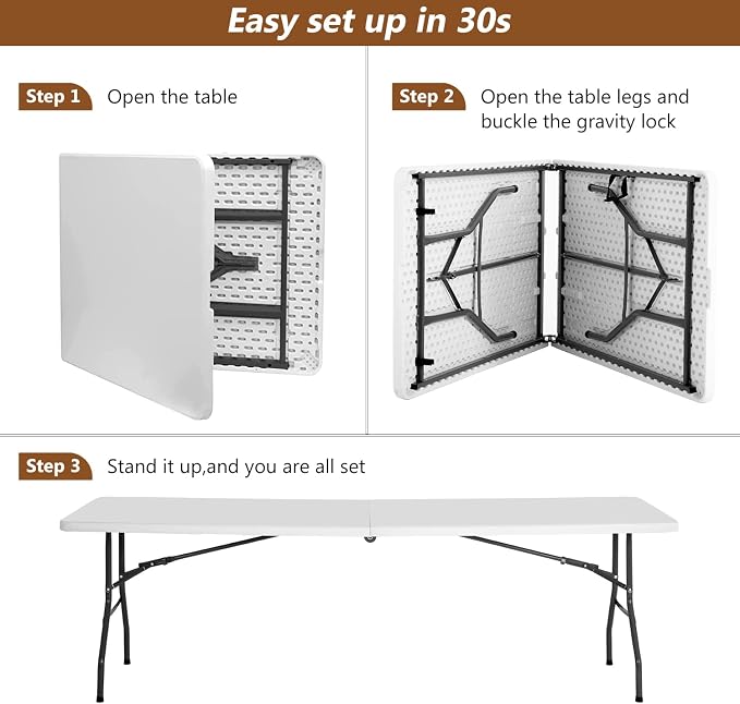 FDW 8FT Folding Table Half Portable Foldable Table Picnic Table for Office Home Camping Party (White, 8 FT)