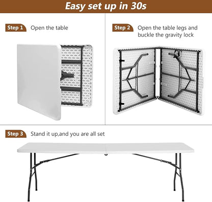 FDW 8FT Folding Table Half Portable Foldable Table Picnic Table for Office Home Camping Party (White, 8 FT)