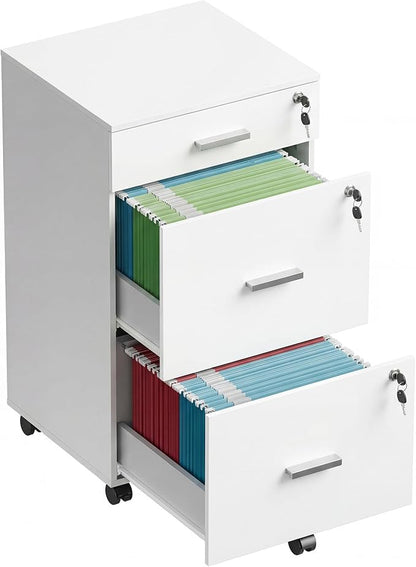 DEVAISE 3 Drawer File Cabinet with Lock & Wheels, Wood Printer Stand, Mobile Filing cabinets for Home Office, Fits Letter/A4 Size, White
