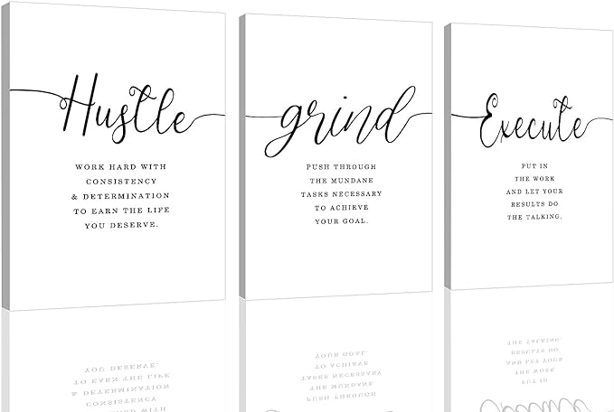 Framed Canvas Wall Art Hustle Quote, Office Wall Art, White Large Poster, Positive Motivational Set of 3 Prints, Execute Hustle Grind, Inspirational Print (H-3pcs,20x30inchx3pcs)