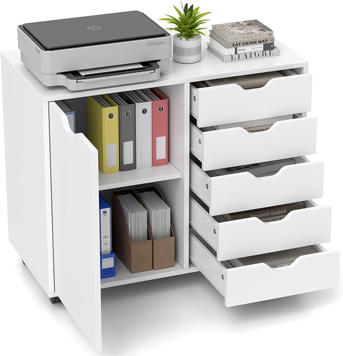 Lateral File Cabinet, 5 Drawers with Door, Adjustable Shelf, 5 Universal Wheels, Wooden Printer Stand with Storage, Modern Dresser for Bedroom Home Office, White