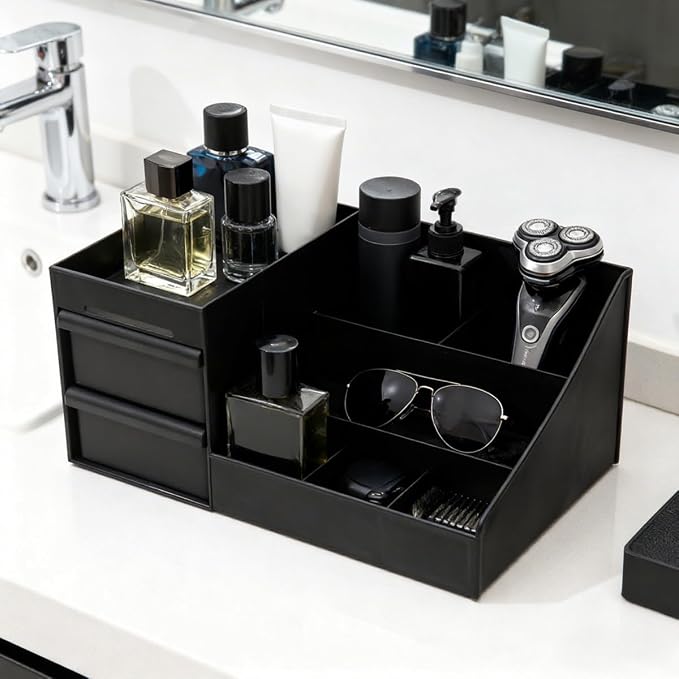 Black Cologne Organizer for Men,Large Perfume Stand Holder with Drawers,Cologne Stand,Shelves for Perfumes,Organizador de Perfumes,Dresser Organizer Countertop for Mens Bathroom & Bedroom Storage