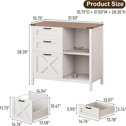 Halitaa 3 Drawer File Cabinet, Farmhouse Lateral Filing Cabinet Fits Files Letter or A4 Size, Wooden Printer Stand with Open Storage Adjustable Shelf for Home Office, White and Brown