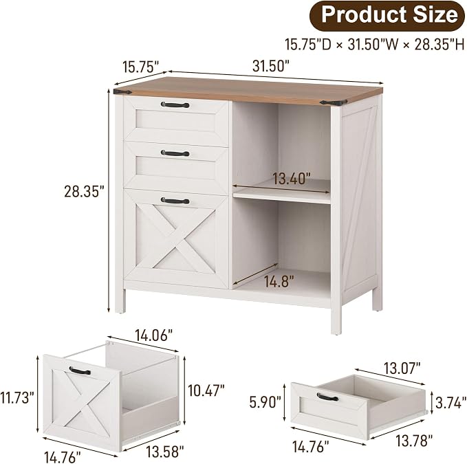 Farmhouse Lateral Filing Cabinet with 3 Drawers and Open Shelf, Lateral File Cabinet with with File Drawer for Letter/A4 Hanging File, Large Printer Stand for Home Office, Living Room, Rustic White