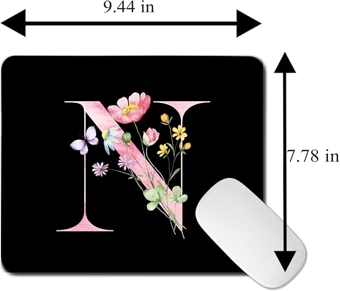 Mouse Pad Pinks Flowers Initial Letters Mousepad Desktop Laptop Computer Accessories Home Office Gaming Work Desk Computer Non-Slip Rubber Monogram Floral Alphabet A-Z mousepad (N)