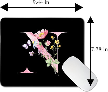 Mouse Pad Pinks Flowers Initial Letters Mousepad Desktop Laptop Computer Accessories Home Office Gaming Work Desk Computer Non-Slip Rubber Monogram Floral Alphabet A-Z mousepad (N)