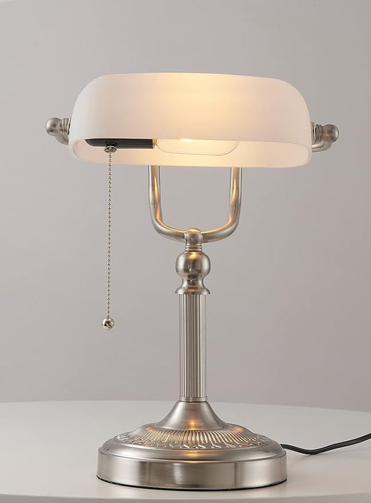 White Matted Glass Bankers Desk Lamp with Pull Chain Switch Plug in Fixture,Sand Nickel Base