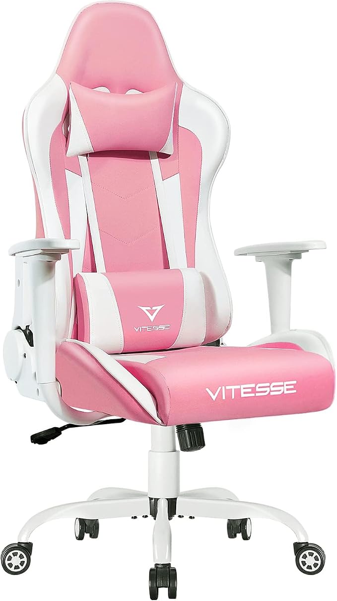 Gaming Chair High Back Gaming Chair for Teens, Ergonomic Racing Chair Computer Desk Chair with Massage Lumbar Support and Headrest, Cute Gamer Chair with Height Adjustable (Pink)
