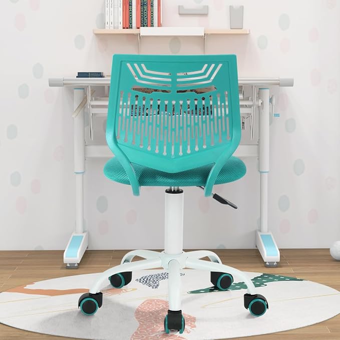 FurnitureR Desk Chair Armless, Adjustable Small Home Office Task Chair with Mesh Padded Cushion, Swivel Study Computer Chair with Rolling Wheels for Children Kids Teens Students, Aqua Green