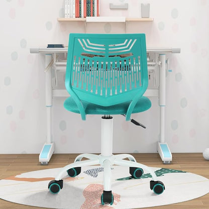 FurnitureR Desk Chair Armless, Adjustable Small Home Office Task Chair with Mesh Padded Cushion, Swivel Study Computer Chair with Rolling Wheels for Children Kids Teens Students, Aqua Green