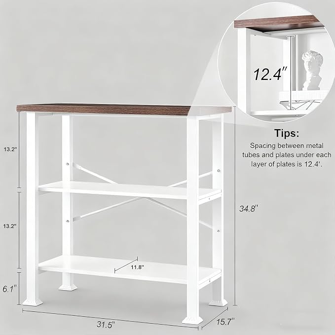 HOMBAZAAR 3 Tier Bookshelf,White Brown Industrial Book Shelf,Engineered Wood and Metal Small Bookcases,Low Shelf Bookcase for Living Room,Office,Bedroom and Kitchen