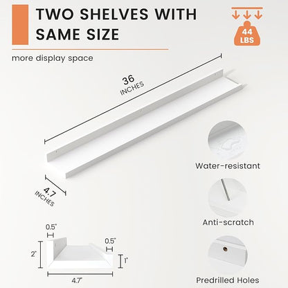 FLYJOE Picture Ledge Shelf, Floating Shelves Set of 2, 36 Inches Nursery Book Shelves for Toys Storage, Kids Bookshelf Wall Mounted for Living Room Bedroom Decor Books Photo Frames, White