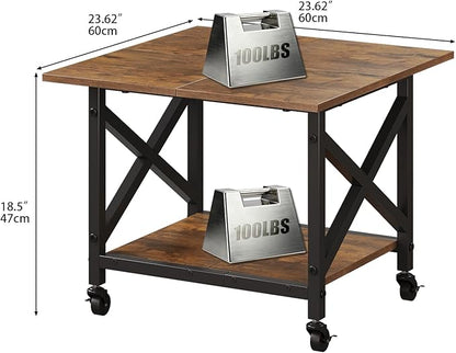 VENNQD 2 Tier Printer Stand, 23.6'' x 23.6'' Large Table with Storage Shelf, Rolling Printer Cart with Wheels, Laser Printer Table for Home Office Living Room Scanner Fax Machine, Rustic Brown