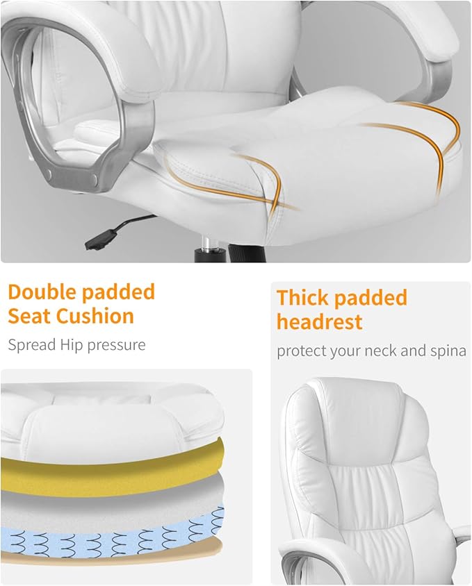 Office Chair Computer High Back Adjustable Ergonomic Desk Chair Executive PU Leather Swivel Task Chair with Armrests Lumbar Support (White)