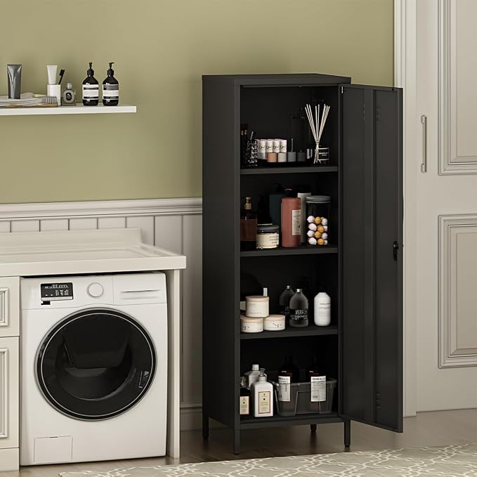 Steehoom Metal Locker Cabinet with Lock, Lockable Single Door Storage Cabinet Steel File Locker with 3 Adjustable Shelves for Living Room, School, Garage, Home, Office, Pantry (Black, H59.06'')