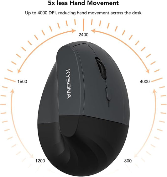 KYSONA EM18 Wireless Ergonomic Vertical Mouse, Ergo Design, Bluetooth Cordless Mouse for Medium/Large Hands, Silent Click, 5-Level Adjustable DPI, Carpal Tunnel Mice for Computer/PC/Mac/Laptop, Black