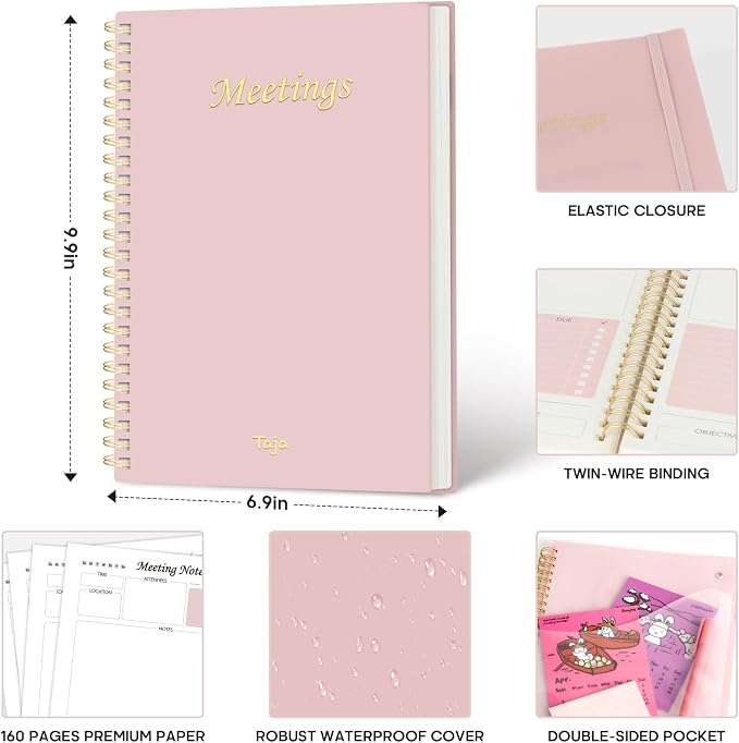 6 Pack of Meeting Notebook for Work Organization - Work Planner Notebook with Action Items, Agenda Planner for Note Taking, 160 Pages (6.9" X 9.9") Project Organizer for Men & Women - Pink
