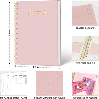 6 Pack of Meeting Notebook for Work Organization - Work Planner Notebook with Action Items, Agenda Planner for Note Taking, 160 Pages (6.9" X 9.9") Project Organizer for Men & Women - Pink