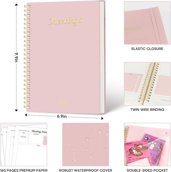 Meeting Notebook for Work Organization - Work Planner Notebook with Action Items, Agenda Planner for Note Taking, 160 Pages (6.9" X 9.9") Project Organizer for Men & Women - Pink